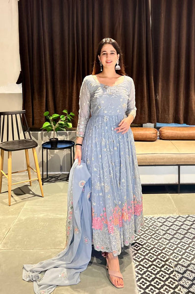 Charming Light Blue Floral Embroidered Anarkali Suit with Dupatta