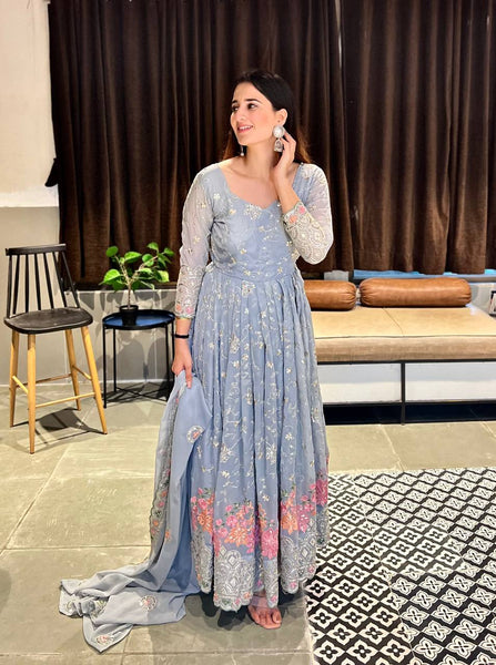 Charming Light Blue Floral Embroidered Anarkali Suit with Dupatta