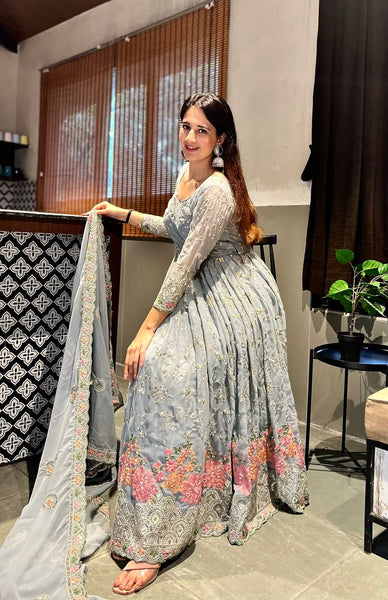 Charming Light Blue Floral Embroidered Anarkali Suit with Dupatta