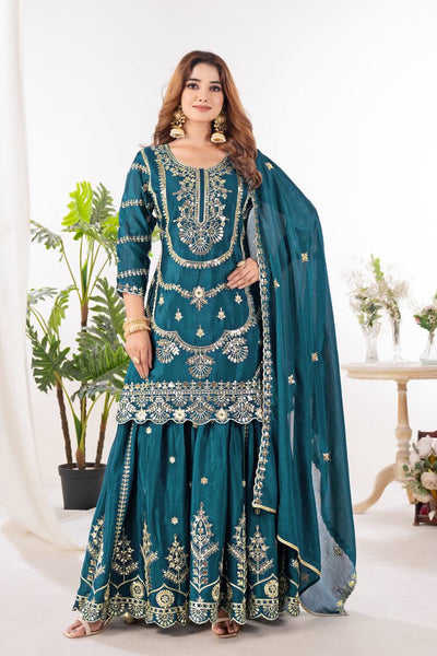 Elegant Embroidered Sharara Suit with Dupatta