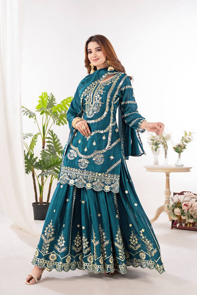 Elegant Embroidered Sharara Suit with Dupatta