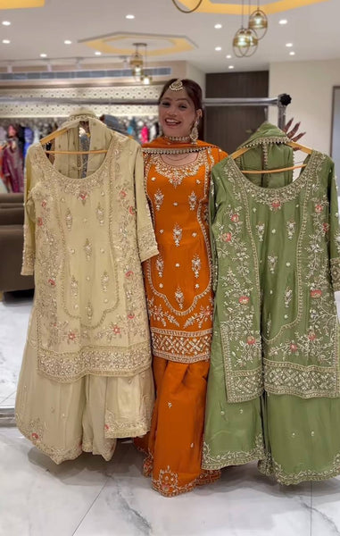 Silk Embroidered Sharara Suit with Dupatta