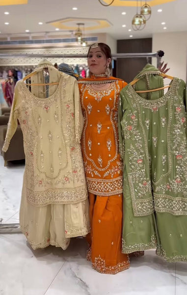 Silk Embroidered Sharara Suit with Dupatta