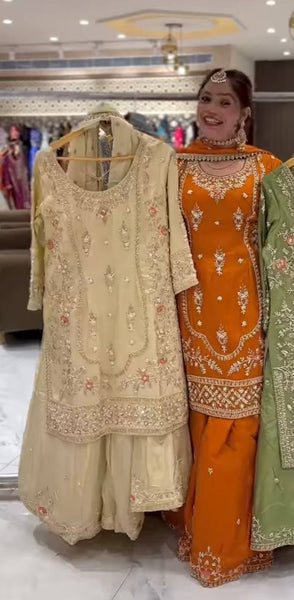 Silk Embroidered Sharara Suit with Dupatta