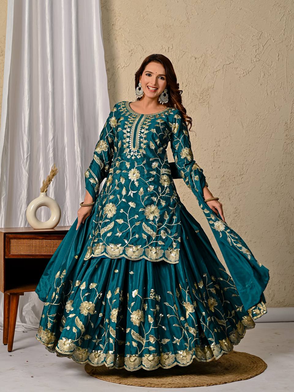 oyal Blue Embroidered Sharara Suit with Dupatta
