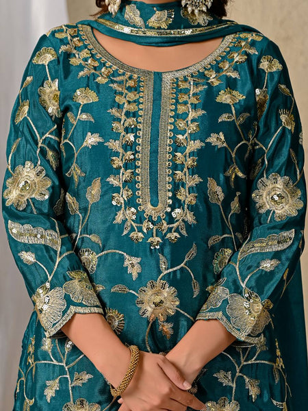 oyal Blue Embroidered Sharara Suit with Dupatta