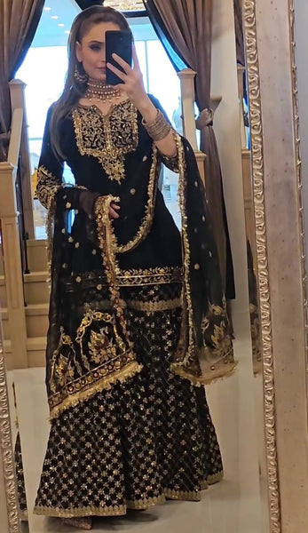 Elegant Black & Gold Embroidered Sharara Suit with Dupatta