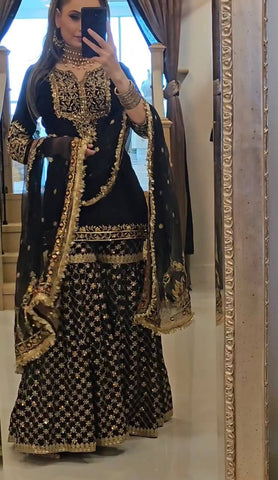 Elegant Black & Gold Embroidered Sharara Suit with Dupatta