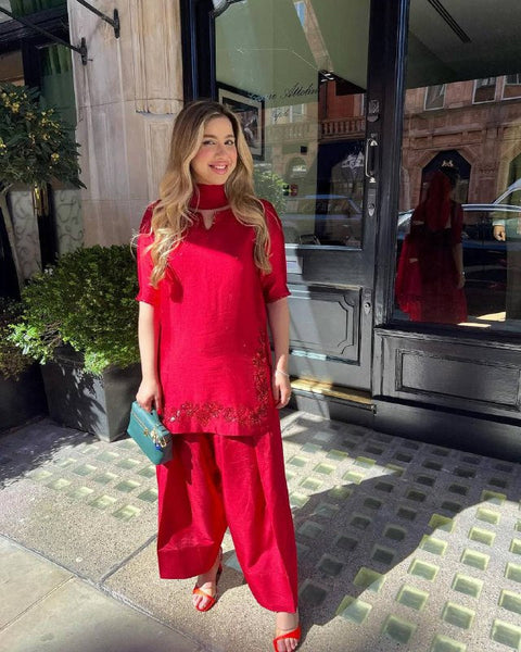 Cherry Luxe Farshi Suit - Striking Elegance in Natural Crepe Silk