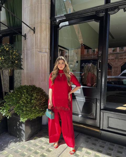Cherry Luxe Farshi Suit - Striking Elegance in Natural Crepe Silk