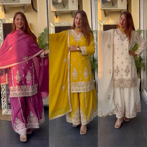 Elegant Embroidered Sharara Suit with Matching Dupatta