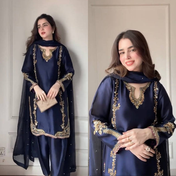 Navy Blue Embroidered Straight Suit with Dupatta