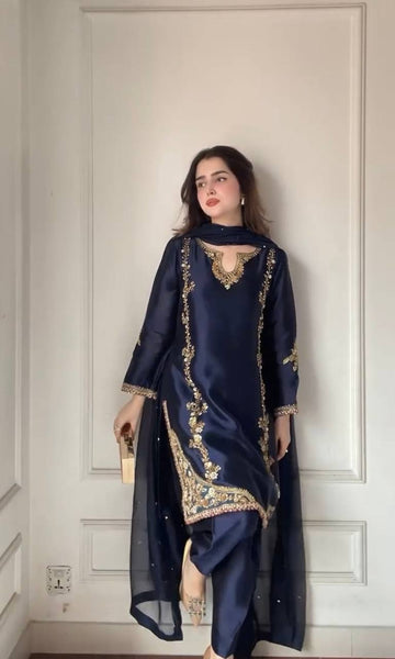 Navy Blue Embroidered Straight Suit with Dupatta