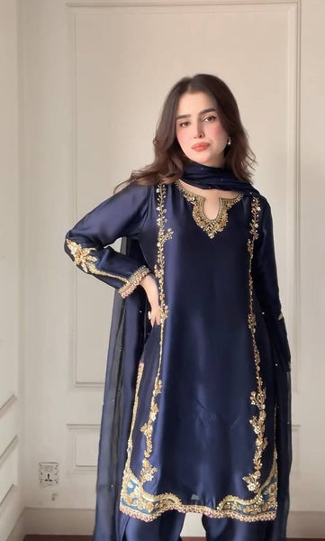 Navy Blue Embroidered Straight Suit with Dupatta