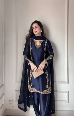 Navy Blue Embroidered Straight Suit with Dupatta