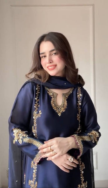 Navy Blue Embroidered Straight Suit with Dupatta