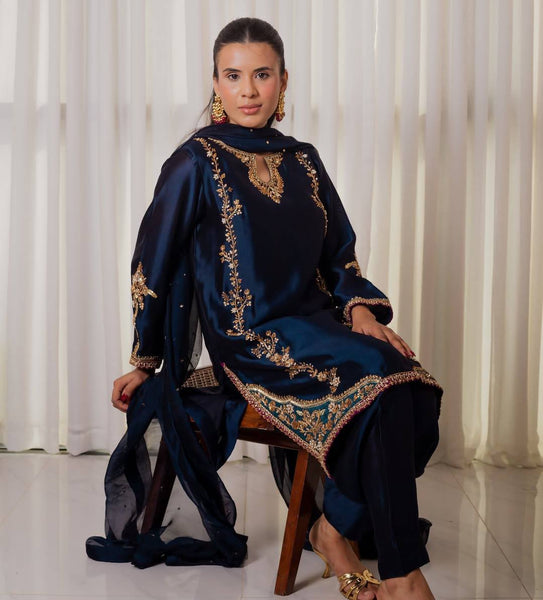 Navy Blue Embroidered Straight Suit with Dupatta