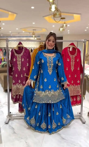 Elegant Chinon Silk Top & Sharara Set with Embroidery & Dupatta