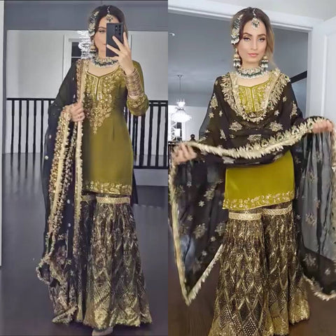 Chinnon Silk Kurti & Brocade Sharara Ensemble with Dupatta
