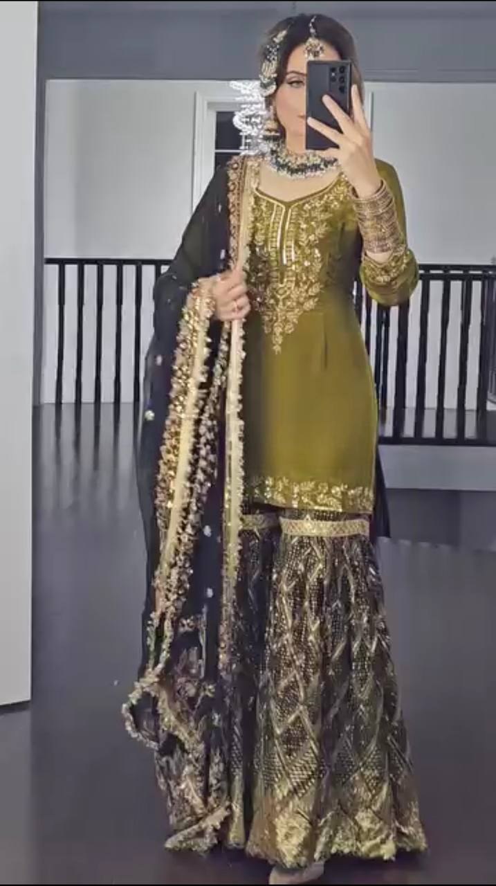 Chinnon Silk Kurti & Brocade Sharara Ensemble with Dupatta