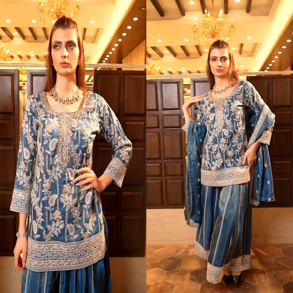Elegant Silk Embroidered Plazo Suit with Dupatta