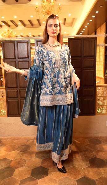 Elegant Silk Embroidered Plazo Suit with Dupatta