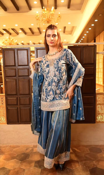 Elegant Silk Embroidered Plazo Suit with Dupatta
