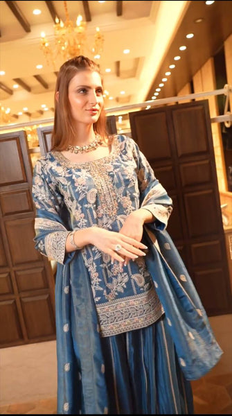 Elegant Silk Embroidered Plazo Suit with Dupatta