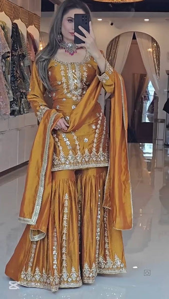 Designer Mustard Yellow Embroidered Sharara Suit with Dupatta