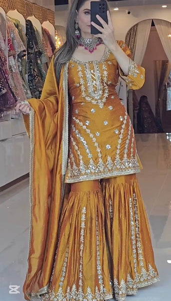 Designer Mustard Yellow Embroidered Sharara Suit with Dupatta