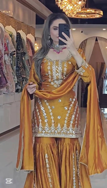 Designer Mustard Yellow Embroidered Sharara Suit with Dupatta