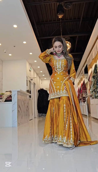 Designer Mustard Yellow Embroidered Sharara Suit with Dupatta