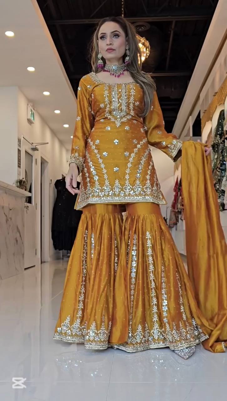 Designer Mustard Yellow Embroidered Sharara Suit with Dupatta