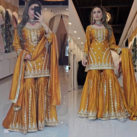 Designer Mustard Yellow Embroidered Sharara Suit with Dupatta