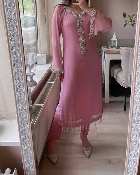 Elegant Faux Georgette Pearl Handwork Suit Set