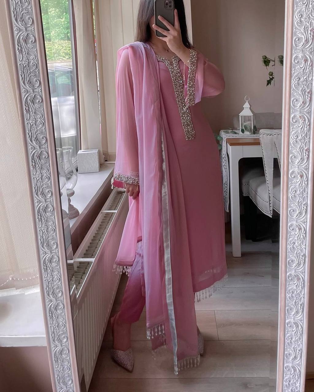 Elegant Faux Georgette Pearl Handwork Suit Set