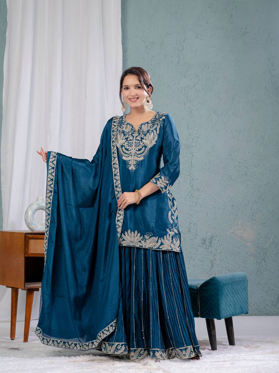 Blue Chinon Silk Party Wear Outfit with Embroidery Work