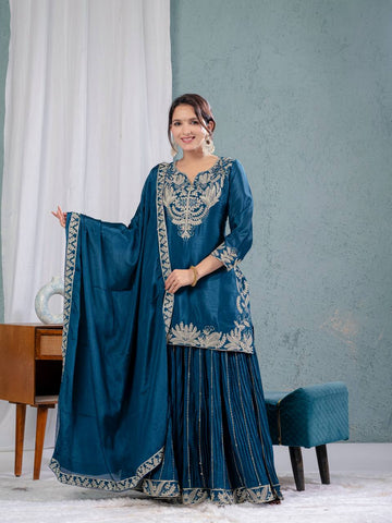 Blue Chinon Silk Party Wear Outfit with Embroidery Work