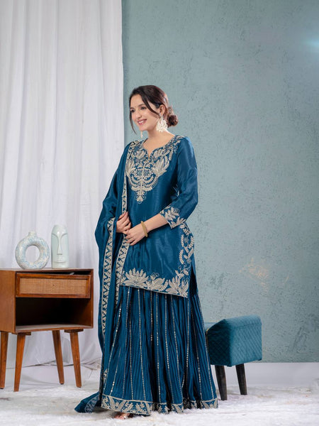 Blue Chinon Silk Party Wear Outfit with Embroidery Work