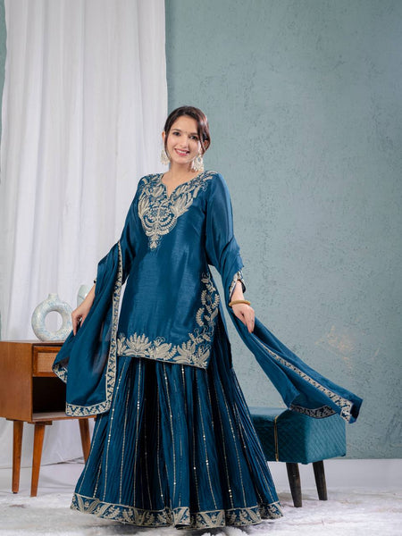 Blue Chinon Silk Party Wear Outfit with Embroidery Work