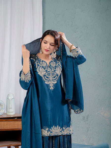 Blue Chinon Silk Party Wear Outfit with Embroidery Work