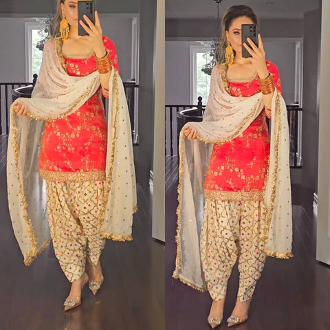 Elegant Red Dhoti Patiyala Suit with Embroidered Kurti and Dupatta