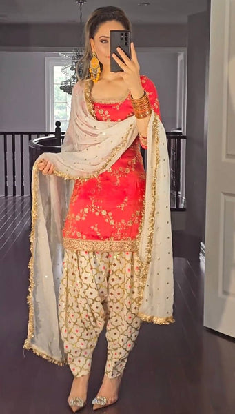 Elegant Red Dhoti Patiyala Suit with Embroidered Kurti and Dupatta