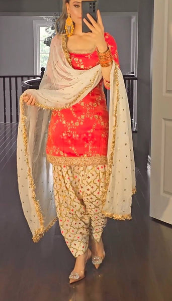 Elegant Red Dhoti Patiyala Suit with Embroidered Kurti and Dupatta