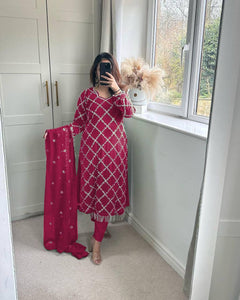 Stylish Georgette Embroidered Top and Pants Set with Dupatta