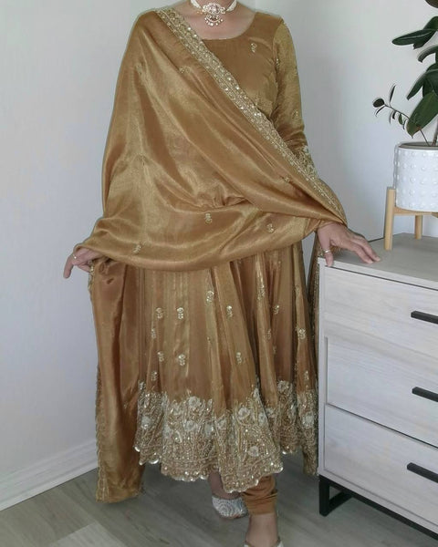 Luxury Beige Silk Embroidered Anarkali Suit with Dupatta