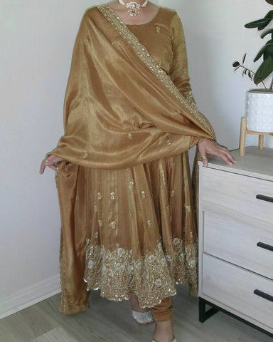 Luxury Beige Silk Embroidered Anarkali Suit with Dupatta