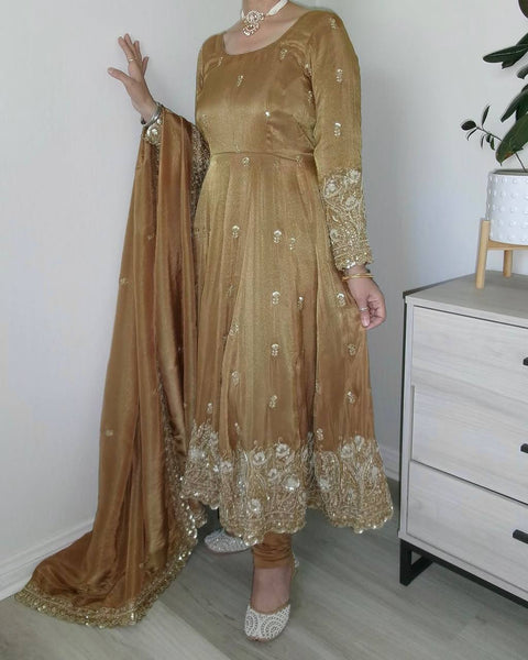Luxury Beige Silk Embroidered Anarkali Suit with Dupatta