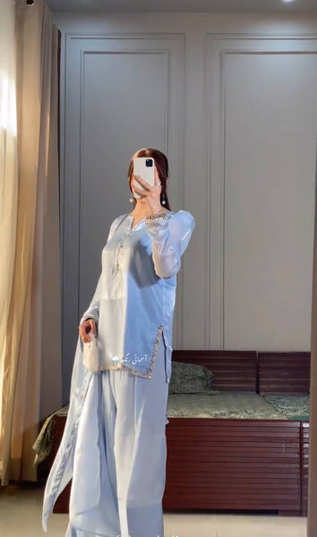 Elegant Blue Embroidered Top & Farshi Set