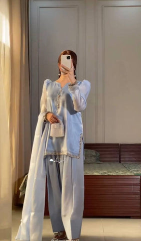 Elegant Blue Embroidered Top & Farshi Set